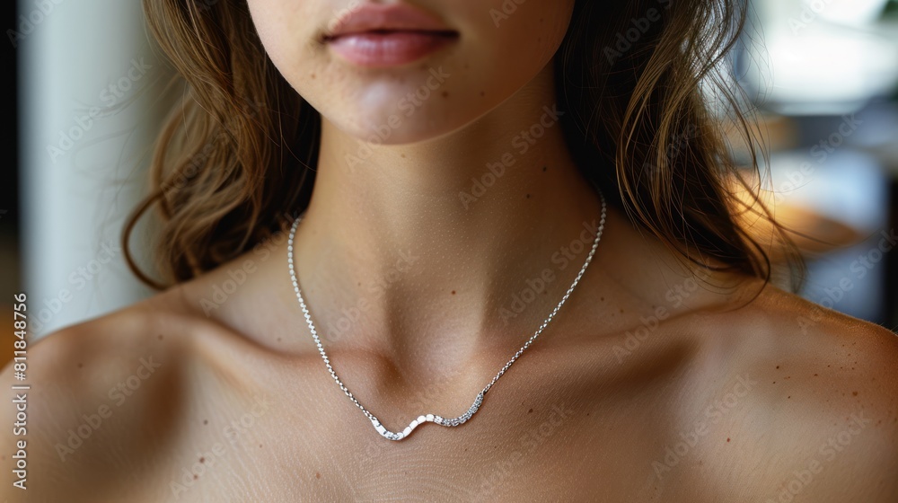 a silver necklace, close-up of her slender neck