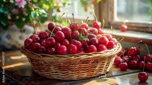 A basket of cherries on a table next to a window.