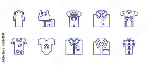 Clothing line icon set. Editable stroke. Vector illustration. Containing baby clothes, dress, shirt, sportswear, dirty clothes, smart clothing, racing.