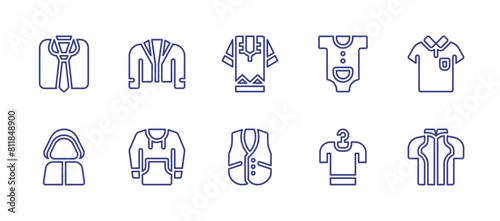 Clothing line icon set. Editable stroke. Vector illustration. Containing clothes  polo shirt  t shirt  baby body  cloak  sweatshirt  coat  vest.
