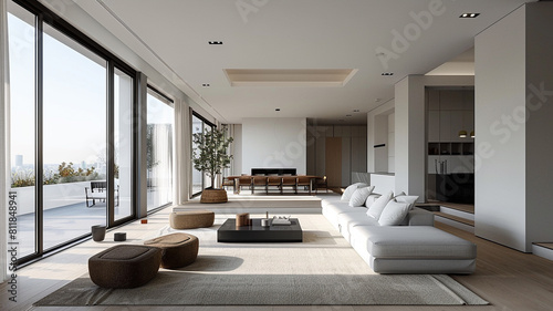 Interior of a modern living room with a panoramic view
