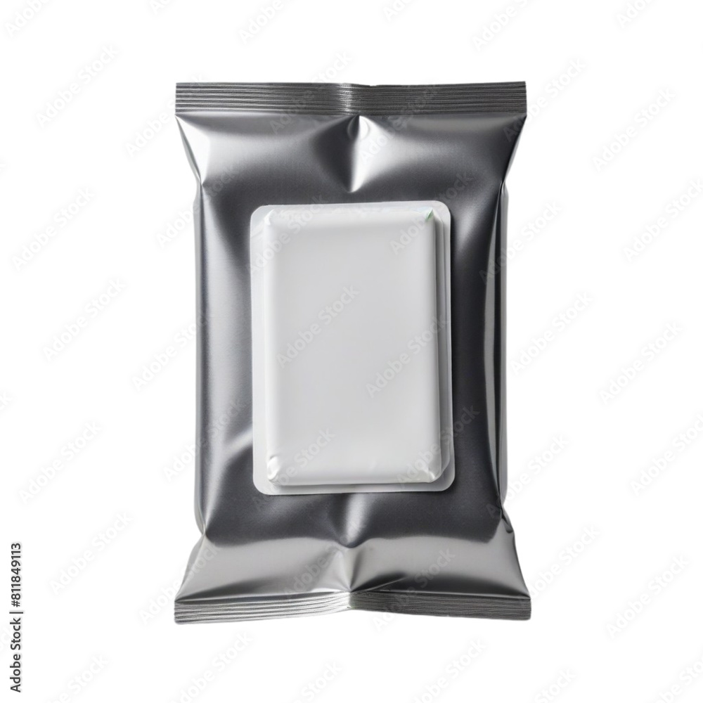 silver blank wet wipes flow pack on Isolated transparent background png. generated with AI silver blank wet wipes flow pack on Isolated transparent background png. generated with AI