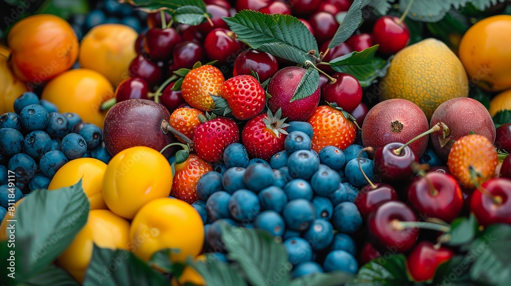 A bunch of different fruits are piled up together. A bunch of different fruits are piled up together.