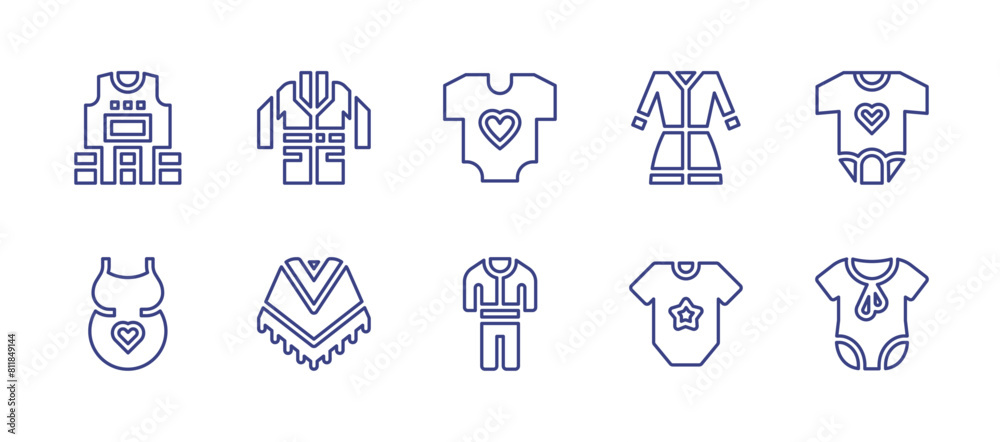 Clothing line icon set. Editable stroke. Vector illustration. Containing gown, babies, pregnancy, life vest, baby clothes, clothes, poncho, jacket.