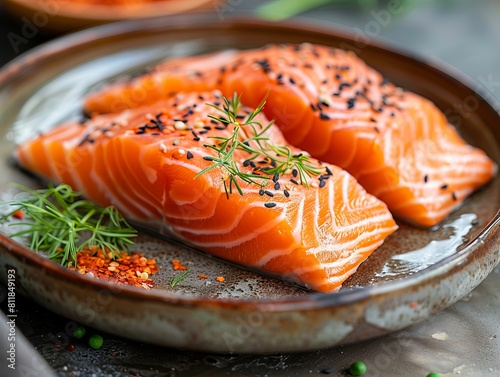 Salmon fillets on a plate with herbs and spices. photo