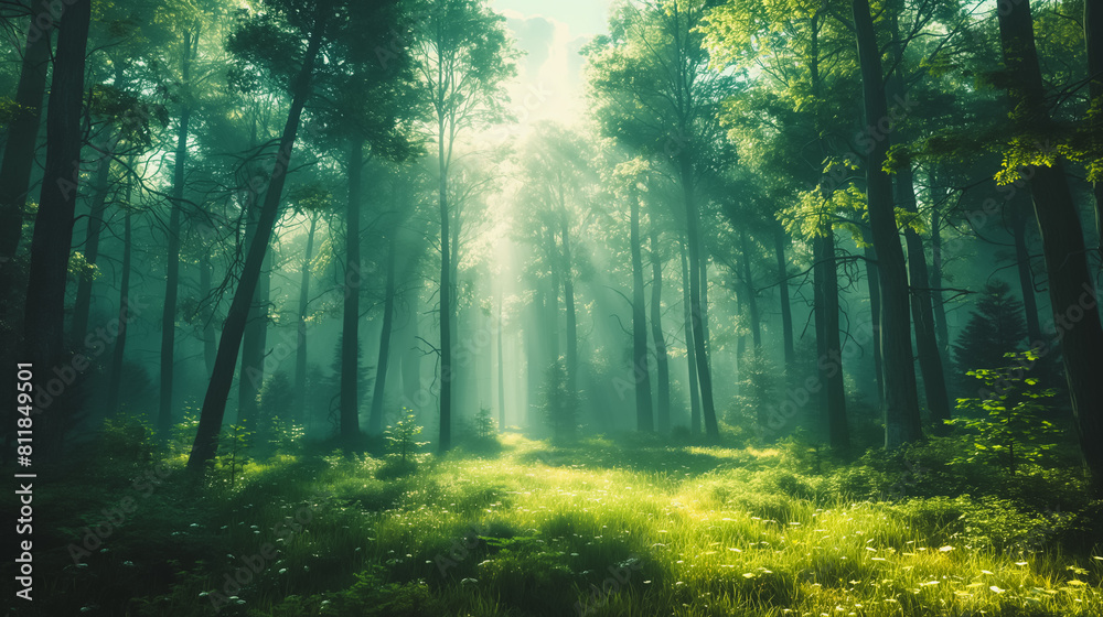 A forest with a lot of trees and sunlight shining through the leaves