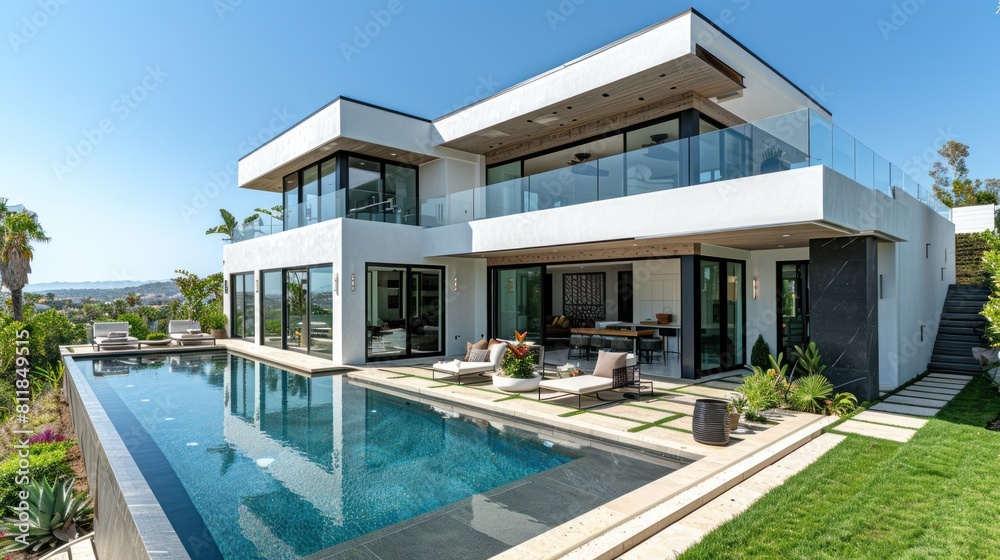 A wide-angle shot of the backyard and pool area, glass windows on all sides with outdoor furniture, white stucco walls, modern design, roof with a balcony, grassy lawn