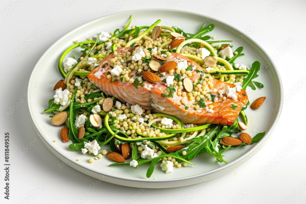 Flavorful 10-Minute Salmon and Couscous Salad with Arugula Base and Toasted Almonds Flavorful 10-Minute Salmon and Couscous Salad with Arugula Base and Toasted Almonds