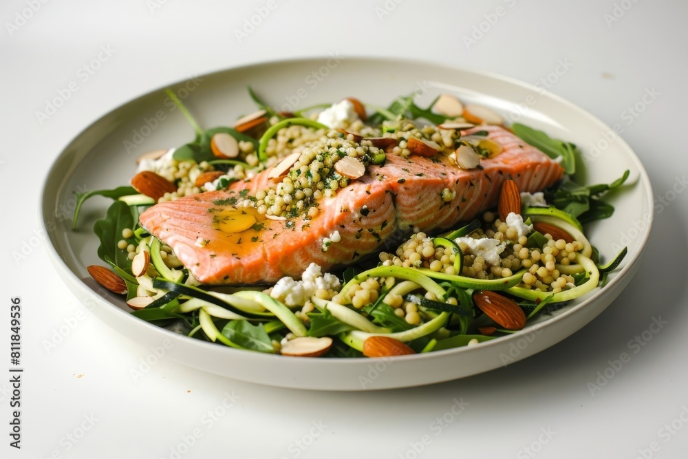 10-Minute Salmon and Zucchini Noodle Salad with Fresh Arugula and Lemon-Herb Vinaigrette 10-Minute Salmon and Zucchini Noodle Salad with Fresh Arugula and Lemon-Herb Vinaigrette