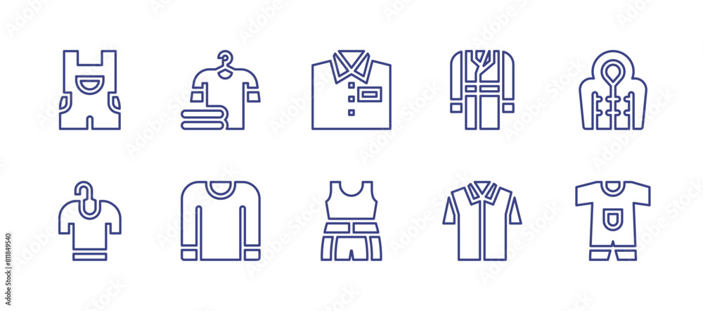 Clothing line icon set. Editable stroke. Vector illustration. Containing shirt, sport clothes, clothes, winter clothes, baby clothes, overalls, trench coat.