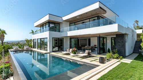 A wide-angle shot of the backyard and pool area, glass windows on all sides with outdoor furniture, white stucco walls, modern design, roof with a balcony, grassy lawn © nataliya_ua