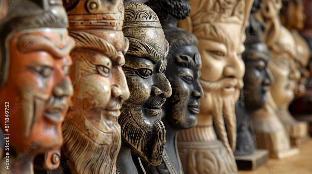 Wooden warrior statues, each carved with unique facial expressions and traditional attire, representing diverse cultures or historical figures. Wooden warrior statues, each carved with unique facial expressions and traditional attire, representing diverse cultures or historical figures.