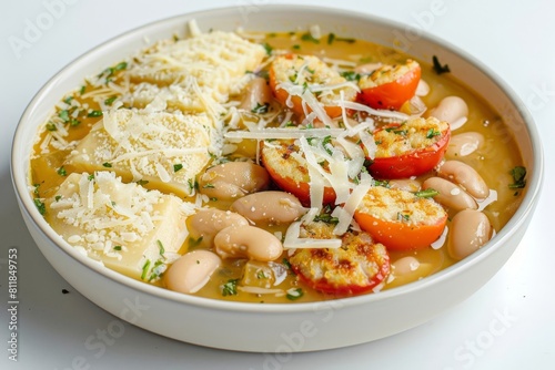 Creamy White Bean Soup with Toasted Cheese and Tomato Topping
