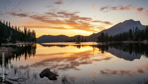 a placid lake reflecting an amber sunset in impeccable detail © Sawyer