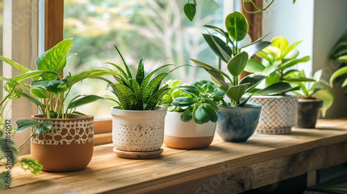 Various houseplants in different decorative pots  arranged on a wooden windowsill bathed in natural sunlight  enhancing the greenery s freshness.