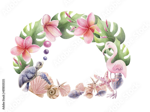 frame of flowers, seashells and tropical aminals. Hand drawn watercolor wreath  photo