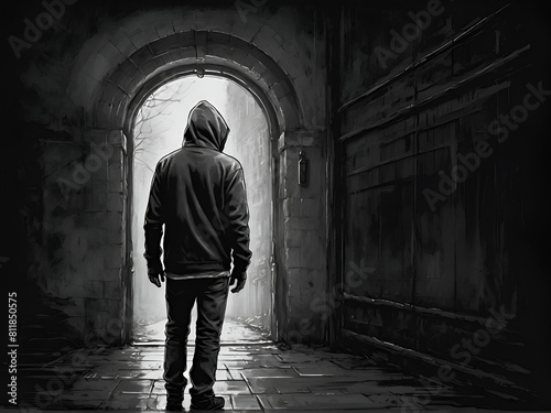 Sketch of a man in a hoodie and jeans standing alone in a city alley.