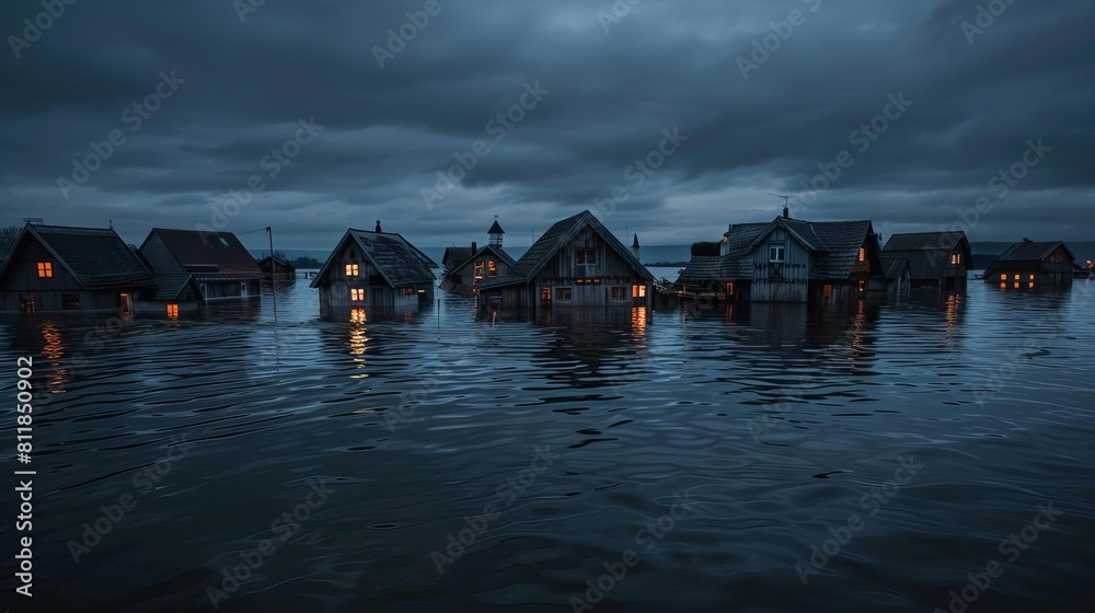 Flooded coastal village demonstrating rising sea levels, light painting style