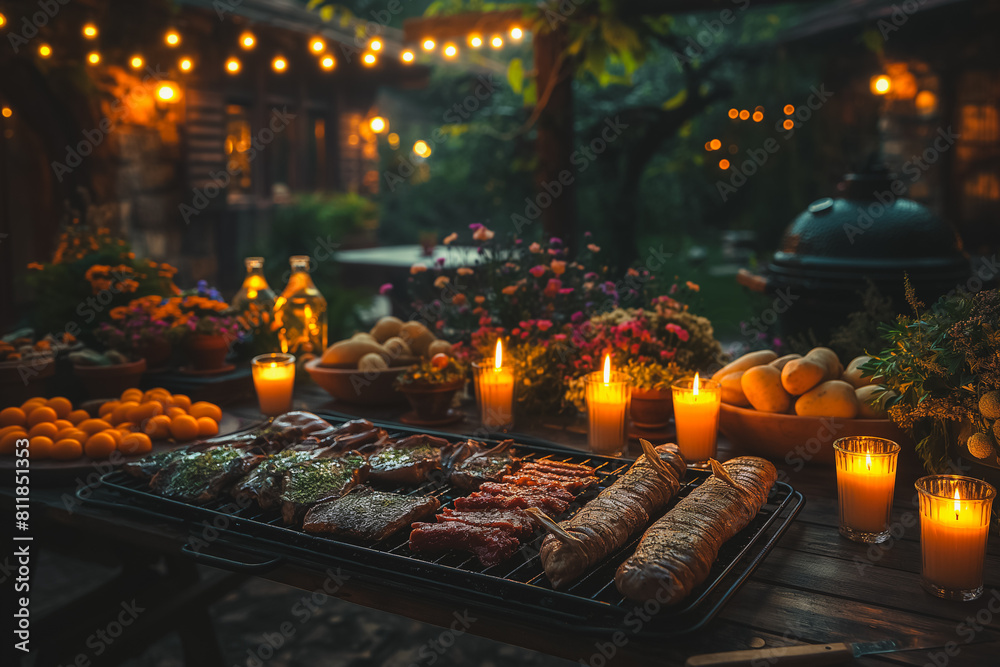 A table is set with a variety of food and candles, creating a warm and inviting atmosphere. The candles are lit, casting a soft glow over the table and adding to the cozy ambiance