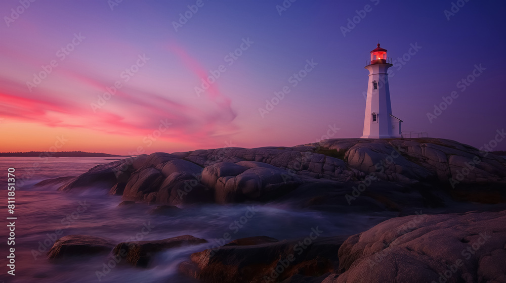 Serene sunset casts a pink glow over a lighthouse perched on a rocky coastline, with waves crashing around it.