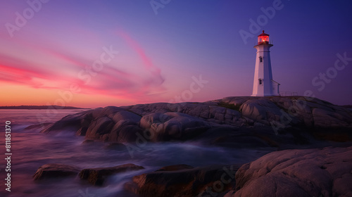 Wallpaper Mural Serene sunset casts a pink glow over a lighthouse perched on a rocky coastline, with waves crashing around it. Torontodigital.ca