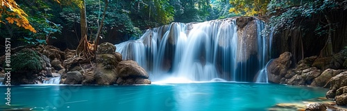Panoramic View of a Tranquil Waterfall in a Lush Forest at Sunset 