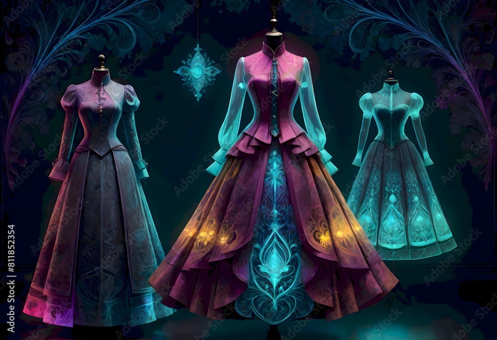 Victorian style dresses illuminated with neon fractals, showcasing the elegance of vintage fashion with a modern twist, Generative AI. Victorian style dresses illuminated with neon fractals, showcasing the elegance of vintage fashion with a modern twist, Generative AI.