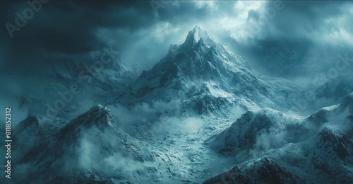 A mountain range covered in snow and clouds. The sky is dark and stormy. Scene is cold and foreboding photo