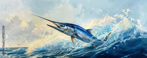 Focus on a magnificent marlin soaring gracefully through the air after a spectacular leap in a beautiful coastal seascape background photo