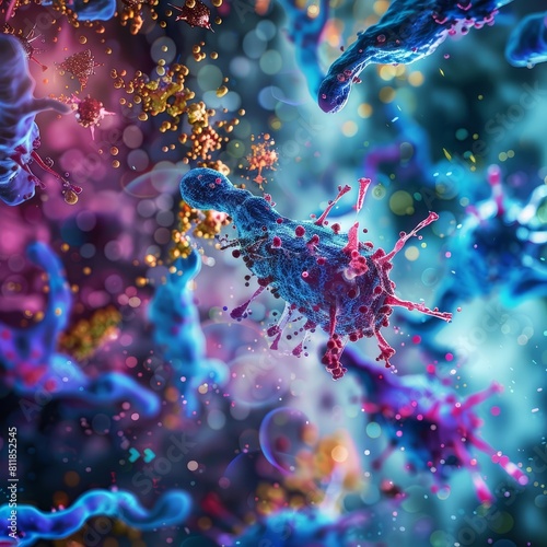 The image captures a splashy abstract microbe art in cool hues, providing a vibrant look for sciencerelated topics, sharpen banner template with copy space on center photo