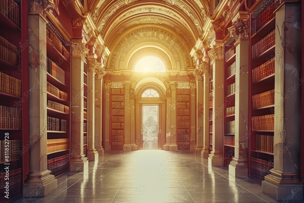 The vivid depiction of an ancient library in the Creative Banner of Education blends historical charm with modern design aesthetics The vivid depiction of an ancient library in the Creative Banner of Education blends historical charm with modern design aesthetics