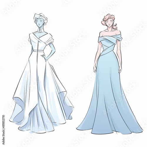 fashion design sketches of elegant evening gowns
