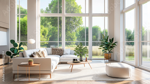 A light and airy living room with modern furniture, accent pieces, potted plants, and large windows overlooking nature