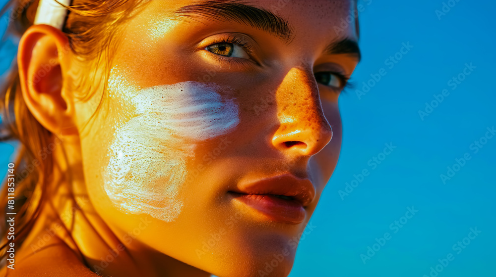 The significance of sunscreen and protection in a complete facial care routine with copy space, studio light portrait. The significance of sunscreen and protection in a complete facial care routine with copy space, studio light portrait.