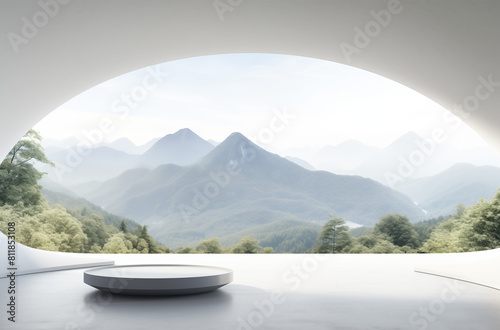 3d render of abstract white concrete room with a panoramic window view of a green forest and mountain landscape