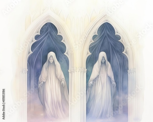 ominous hooded figures entering a Gothic cathedral