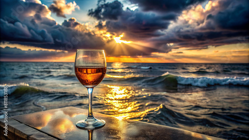 Glass of wine against the backdrop of the seascape