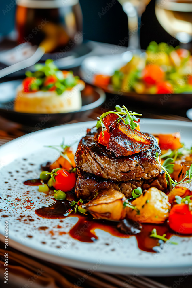 Western cuisine, rich food, white, plates, delicious food.