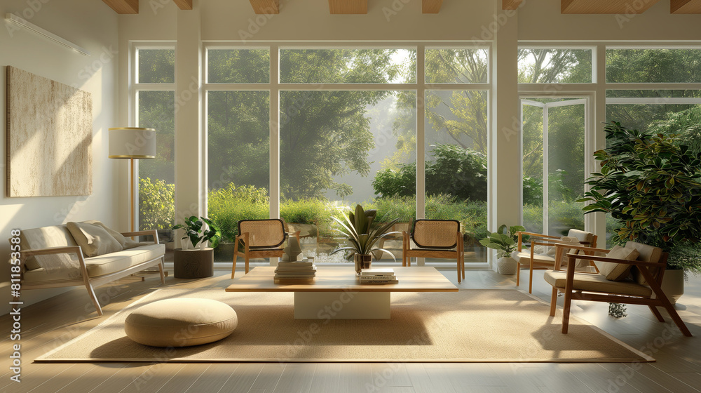 A light and airy living room with modern furniture, accent pieces, potted plants, and large windows overlooking nature