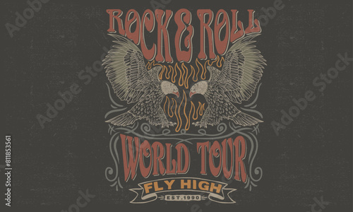 Eagle rock and roll. Rock and roll vector t-shirt design. Live forever. Music world tour artwork. Wild and free. Music slogan logo design. Bird vintage design.