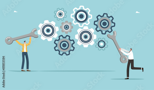 Teamwork in finding solution to problem, creative ways out of business problems, analysis or optimization of work, technical support or service in unforeseen situations, colleagues repairing mechanism
