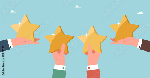 Teamwork or mentoring in paving way to achieve goal and high results, desire and motivation to overcome obstacles and receive rewards, leadership for new opportunities, large hands holds stars.