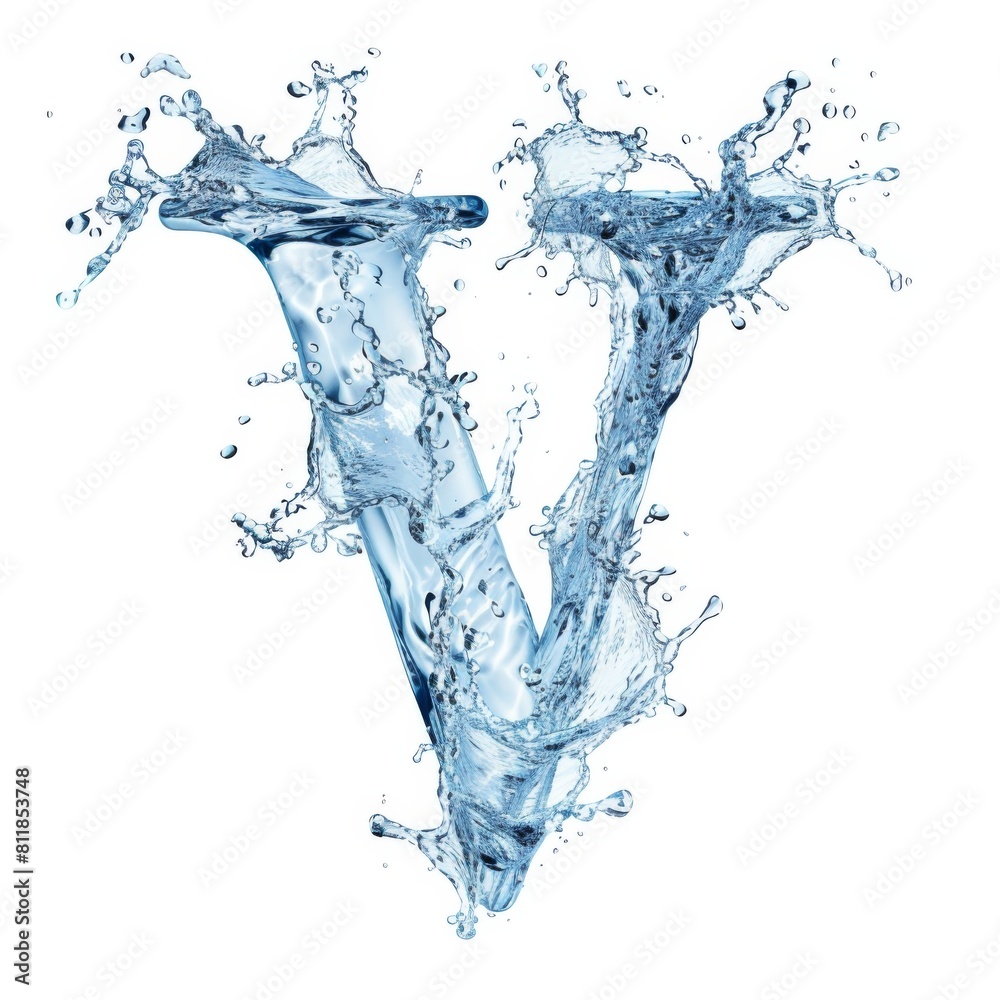 Latin letter V, texture of water, ice and splashes on white background. Close-up of one isolated large letter V. Template for labeling, children's pictures, font design. 3D rendering illustration.