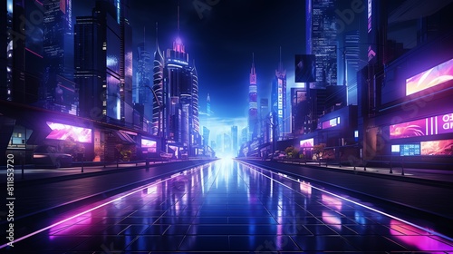 Nighttime streets design in neon lights theme 3D render triadic color, hyper cinematic with focus