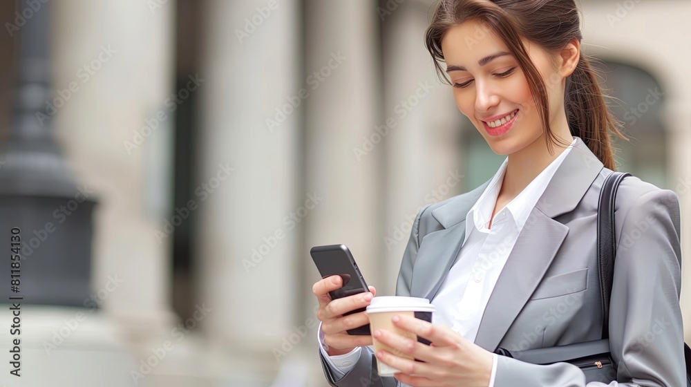 Woman in business attire holding coffee cup, focused on cell phone screen Woman in business attire holding coffee cup, focused on cell phone screen