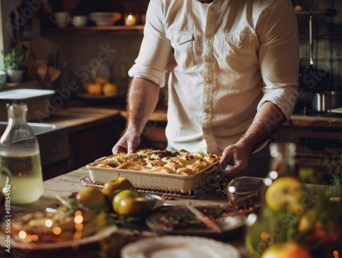 Man setting table with Ready-to-serve homemade apple strudel latticed in kitchen
