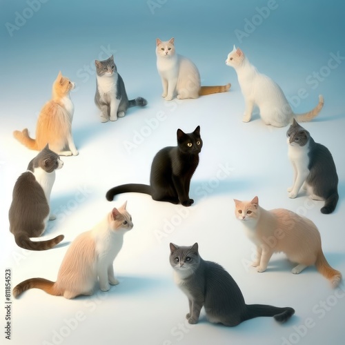 Many cats in a circle art realistic lively card design illustrator.