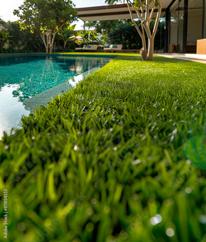 Low Angle Shot The vast expanse of lawn adjacent to the sparkling pool.Low Angle Shot，with lawn as the main body