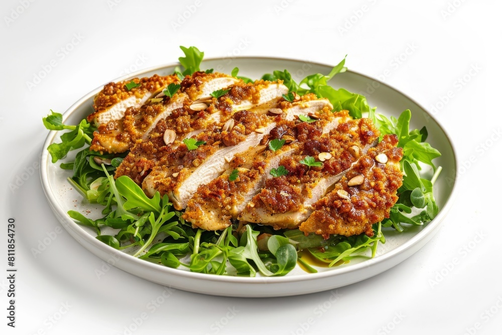 Savory Almond-Crusted Chicken on a Bed of Crisp Mesclun Salad with Zesty Olive Oil Dressing