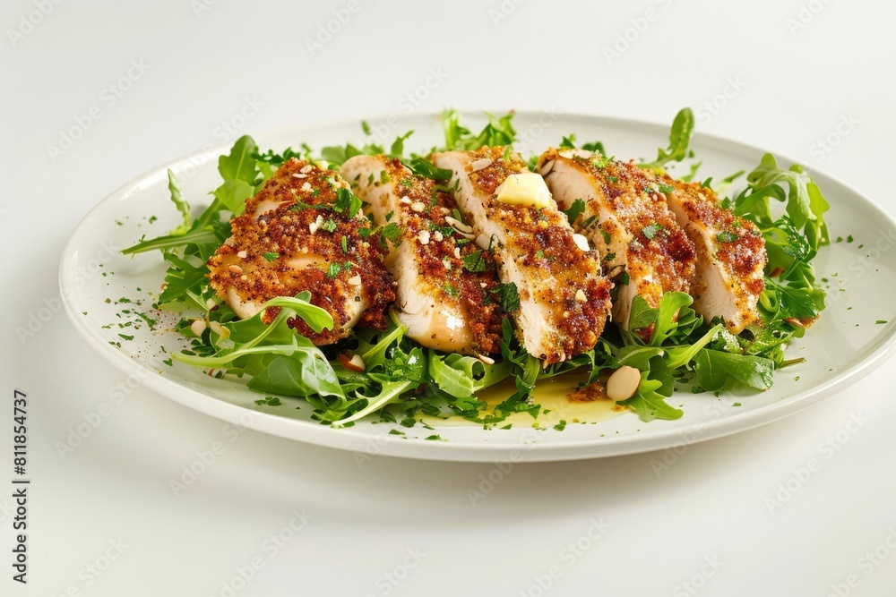 Savory Almond-Crusted Chicken on a Bed of Crisp Mesclun Salad with Spanish Pimenton Savory Almond-Crusted Chicken on a Bed of Crisp Mesclun Salad with Spanish Pimenton